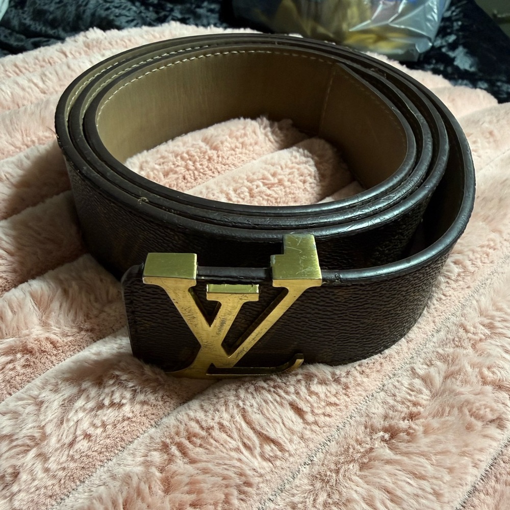 Louis Vuitton Dark Brown Leather Belt with Gold LV Initial Buckle